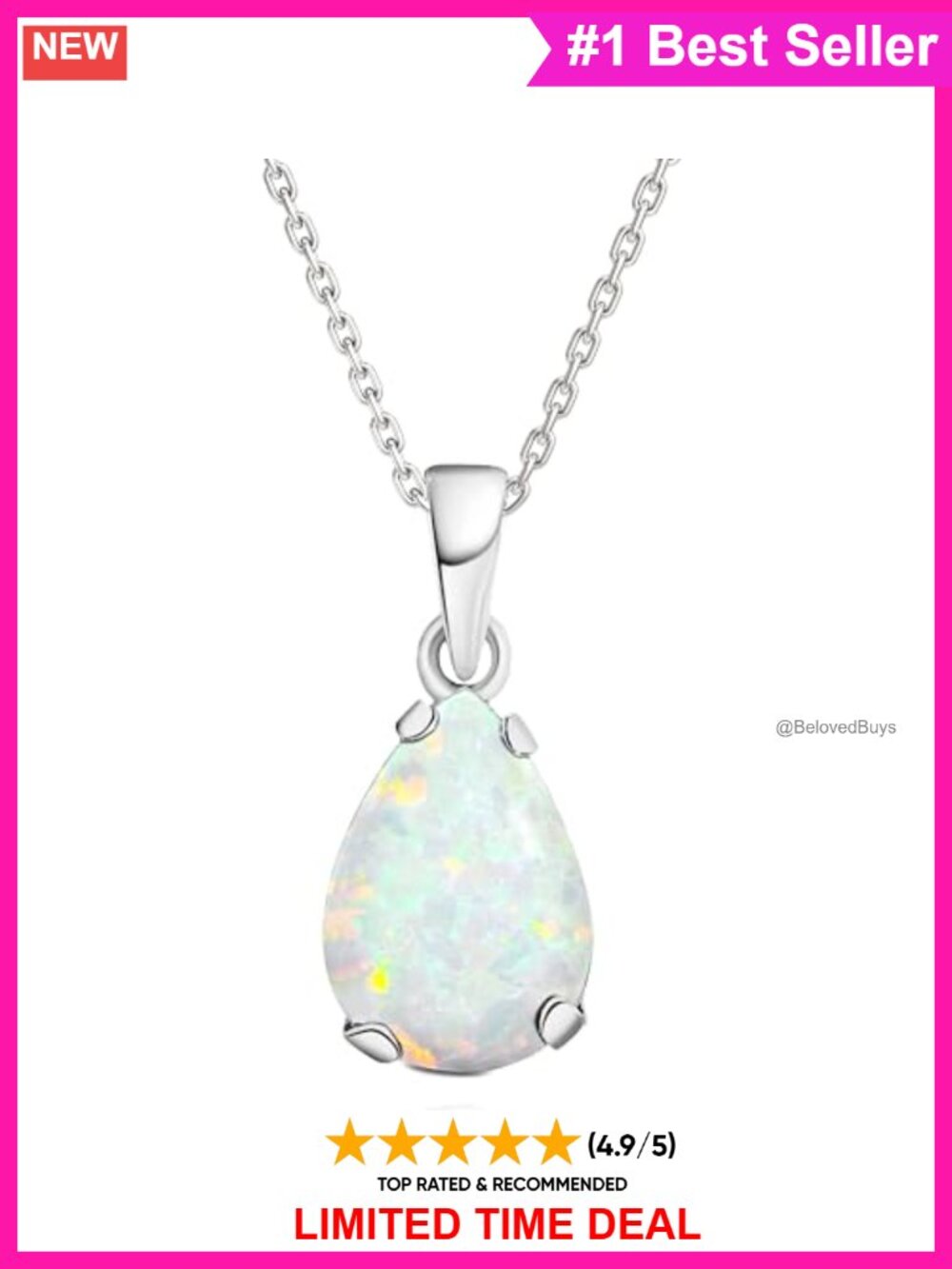 14K Solid White Gold Teardrop Pendant Necklace Simulated White Opal 18"